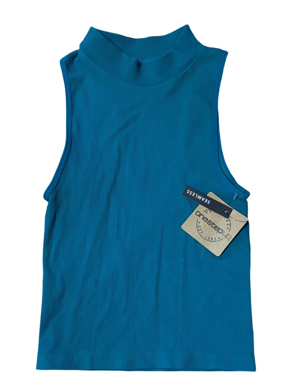 One Step Ahead Mock Neck Sleeveless Crop Tank Teal Blue